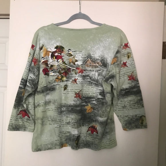 Pleasant Shade Tee Top 2x Birds Barns Leaves 3/4 Sleeve Cotton Bedazzled Bling - Picture 3 of 8